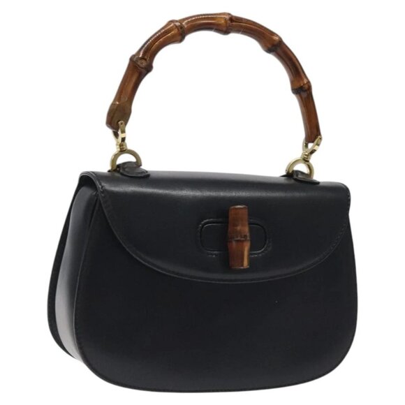 GUCCI Bamboo Hand Bag Leather Black Gold 000 46 0188 Auth 122152 - Picture 2 of 16